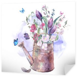 Vintage słodki groszek, tulipany i motyle w ogrodowym żelaznym wa