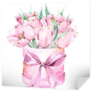 Elegancka kompozycja akwarelowa z pięknymi, różowymi, poplamionymi kwiatami, tulipanami i liśćmi w okrągłym pudełku poplamionym na różowo