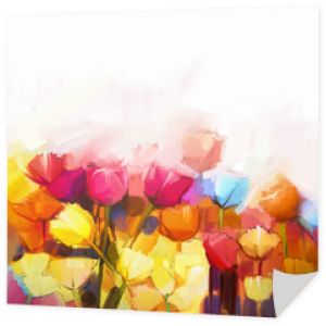Obraz olejny żółte, różowe i czerwone pole kwiatów tulipanów. Krajobraz - kwiaty na łące w świetle dziennym z delikatnym kolorem tła. Wiosenne kwiaty natura tło
