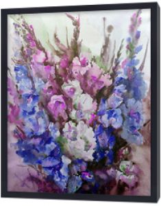 Abstract bright colored decorative background . Floral pattern handmade . Beautiful tender romantic spring bouquet of gladiolus flowers  , made in the technique of watercolors from nature.