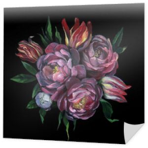 Bouquet of different flowers and leaves on dark background for greeting and wedding cards.