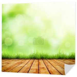 Świeży wiosenny zielony trawa i drewniana podłoga