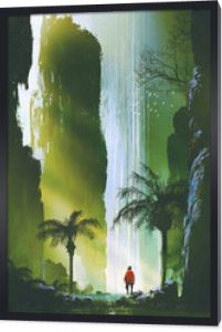 sceneria mężczyzny patrzącego na wspaniały wodospad w skalnej jaskini z pięknym światłem słonecznym, malarstwo ilustracyjne