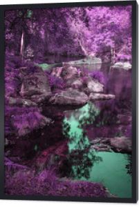 Piękna rzeka płynąca przez alternatywne surrealistyczne kolorowe lasy