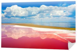 Chmury na niebie odbijają się w różowej wodzie słonego jeziora w widoku z lotu ptaka
