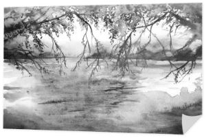 Akwarela drzewo monochromatyczny oddziałów rzeka jezioro krajobraz