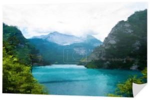 malowane błękitne jezioro w pobliżu zielonych drzew i gór 