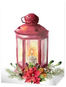 Akwarela tradycyjnych czerwona latarnia z świeca i motywami kwiatowymi. Ręcznie malowane Christmas Latarnia z gałąź jodła, poinsettia, holly, Jemioła, sosna stożek i dzwony do projektowania i drukowania. Wystrój strony