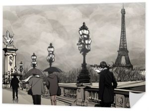 Drawing of Alexander III bridge in Paris showing Eiffel tower