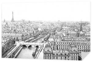 Panorama Sekwany w pobliżu Notre Dame, Grawerowanie vintage.