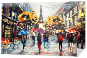 obraz olejny na płótnie, widok na ulicę Paryża. Grafika. Wieża Eiffla . ludzie pod czerwonym, niebieskim parasolem. Drzewo. Francja