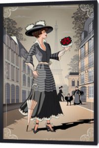 Dziewczyna z parasolem i bukietem róż na paryskiej ulicy. Belle Epoque vintage plakat z Paryża.