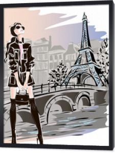 Kobieta mody w Paryżu w pobliżu Wieży Eiffla