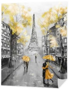 Obraz olejny, Paryż. krajobraz europejskiego miasta. Francja, tapeta, wieża eiffla. Czarny, biały i żółty, Sztuka współczesna. Para pod parasolem na ulicy