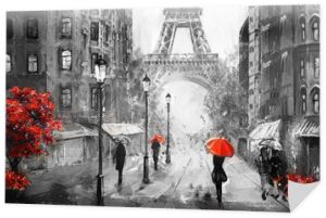 obraz olejny na płótnie, widok na ulicę Paryża. Grafika. Wieża Eiffla . ludzie pod czerwonym parasolem. Drzewo. Francja
