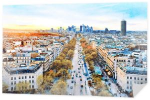 Piękne cyfrowe malarstwo akwarela Avenue Champs Elysees w Paryżu z dzielnicy finansowej La Defense w tle.