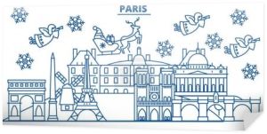 Francja, Paryż zimą panoramę miasta. Wesołych Świąt, szczęśliwego nowego roku urządzone transparent z linii z Santa Claus.Winter życzeniami. Płaskie, wektor zarys. Liniowe ilustracja christmas snow