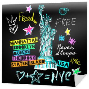 Nowy Jork, projekt koszulki, plakat, nadruk, napis Statua Wolności, mapa, grafika na koszulkę, modny, suche pociągnięcia pędzlem, marker, kolorowy długopis, tusz, akwarela. Ręcznie rysowane ilustracji wektorowych.