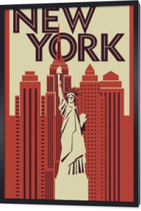 Plakat retro Nowy Jork. Statua wolności na tle drapaczy chmur. Rysunek wektorowy