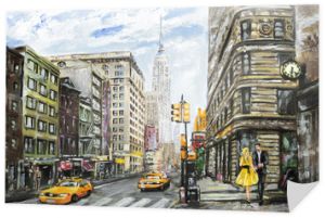 obraz olejny na płótnie, widok ulicy Nowego Jorku, mężczyzna i kobieta, żółta taksówka, nowoczesna grafika, amerykańskie miasto, ilustracja Nowy Jork