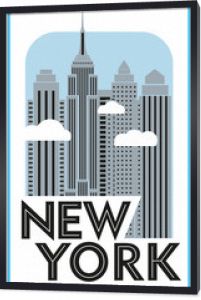 Plakat turystyczny Nowy Jork. Retro grafika. Wieżowce i chmury. Rysunek wektorowy