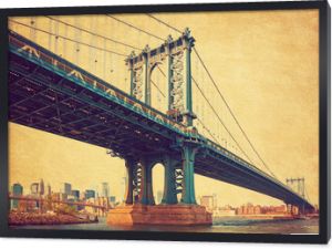 Most Manhattan, Nowy Jork, Stany Zjednoczone. W tle Manhattan i Most Brookliński. Zdjęcie w stylu retro. Dodano teksturę papieru.