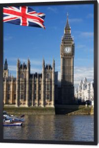 Big Ben z flagą Anglii, Londynu, Wielkiej Brytanii