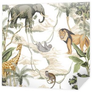 Vintage drzewo bananowe, palmy, lew, małpa, słoń indyjski, zwierzę żyrafa, góra kwiatowy wzór bezszwowe białe tło. Tapeta egzotyczne safari.
