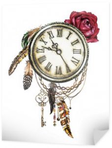 watercolor illustration with red roses, clock, keys and feathers. Gothic background with flowers. Cool print on T-shirt, Tattoo. Vintage