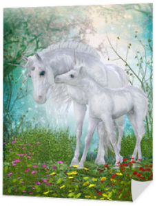 Unicorn Endearing Moment - A Unicorn foal nuzzles its mother for reassurance in the magical forest full of flowers and a cherry tree.