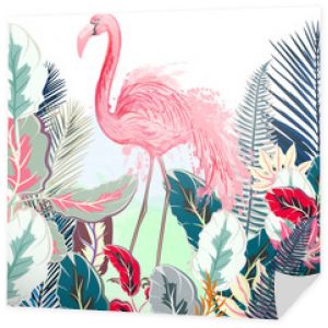 Tropikalna wektorowa ilustracja z różowym flamingiem i tropikalnymi liśćmi
