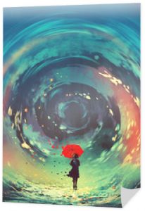 girl with red umbrella makes a swirling water in the sky, digital art style, illustration painting