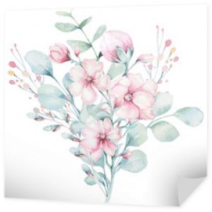 wreath of blossom pink cherry flowers in watercolor style with white background. Set of summer blooming japanese sakura branch decoration