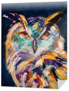 Puchacz, portret dzikiego ptactwa w oleju z abstrakcyjnymi kolorami na ciemnym tle z teksturą, tradycyjna ilustracja