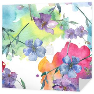 Niebieski i fioletowy lnu botaniczny kwiat. Wiosna dzikiego liść na białym tle. Akwarela, ilustracja zestaw. Akwarela rysunku mody aquarelle. Bezszwowe tło wzór. Tkanina tapeta tekstura wydruku.