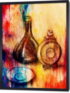 Rysunek kolby i karafki do wina na papierze. Oryginalny rysunek dłoni i efekt kolorystyczny.