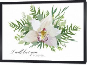 Wektor kwiatowy pozdrowienie projekt z eleganckim bukietem biały różowy tropikalny kwiat orchidei, bzu, zielonych gałęzi eukaliptusa, zieleni ziół, liści palmowych. Romantyczny edytowalny element projektanta na białym tle
