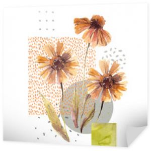 Akwarela kwiaty i liście, koło, kwadratowe kształty, minimalne doodle tekstury