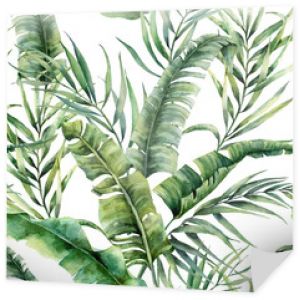 Akwarela tropikalny wzór z liści palm kokosowych i bananowych. Ręcznie malowane zieleni egzotyczny oddział na białym tle. Ilustracja botaniczna do projektowania, drukowania, tkaniny lub tła.