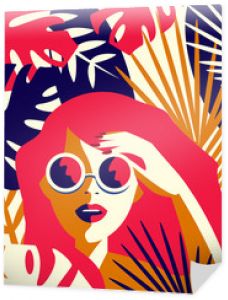 Ilustracja wektorowa dziewczyny w okularach przeciwsłonecznych wśród roślin tropikalnych. Letnia koncepcja w stylu vintage