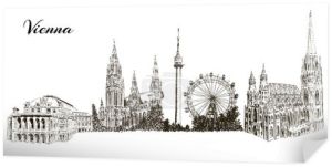 Set of Vienna symbols silhuettes. Cityline. Donauturm, Stephansdom, Rathaus, Prater, Vienna State Opera House.