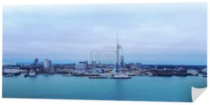 Harbour of Portsmouth England with famous Spinnaker Tower - aerial view