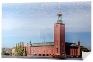Stockholm, Sweden. Scenic Skyline View Of Famous Tower Of Stockholm City Hall. Building Of Municipal Council Stands On Eastern Tip Of Kungsholmen Island. Famous And Popular Place at sunny summer day