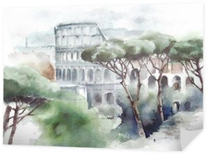Włochy punkt orientacyjny Rzym Koloseum krajobraz z ilustracją akwareli sosny