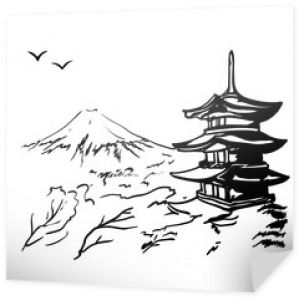krajobraz z górą Fuji, drzewem sakura i ilustracją japońskiej pagody