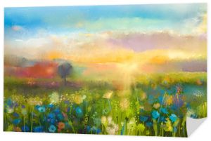 Obraz olejny kwiaty mniszka lekarskiego, chaber, stokrotka na polach. Zachód słońca łąka krajobraz z wildflower, wzgórze i niebo w kolorze pomarańczowym i niebieskim tle. Ręcznie malowany letni kwiatowy styl impresjonistyczny