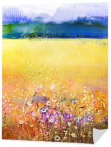 Streszczenie kwiatowy malarstwo akwarela. Ręcznie malowane białe, żółte i czerwone kwiaty w delikatnym kolorze na niebiesko zielonym tle. Bluszcz kwiaty w parku drzew. Wiosenny kwiat sezonowy charakter tła