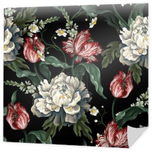 Seamless pattern with vintage tulips and peonies. Classic vector wallpaper.