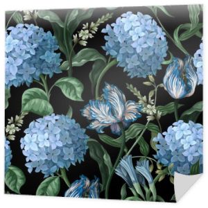 Seamless botanical pattern with hydrangeas and other flowers. Vector.