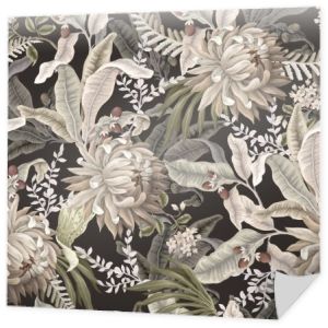 Płynny wzór z lekkimi tropikalnymi liśćmi i kwiatami. Modny druk tekstylny.